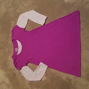 Organic cotton kids 10-12 L Purple t-shirt dress w/ gray sleeves & neck inset.